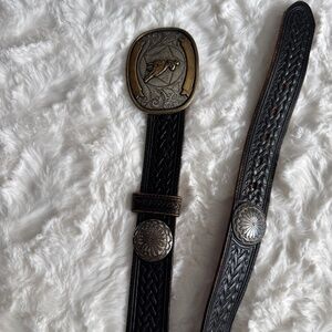 Leather belt with horse rider silver gold belt buckle